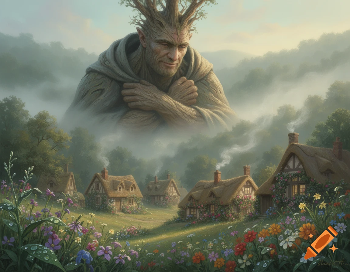 A gentle, tree-like giant overlooks a peaceful village nestled among rolling hills and colorful wildflowers, bathed in a soft, misty light.