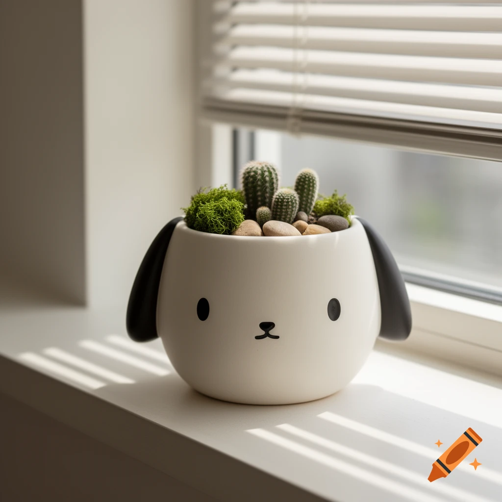 A photorealistic white ceramic planter shaped like a cute puppy face, holding cacti and moss, sits on a minimalist windowsill.