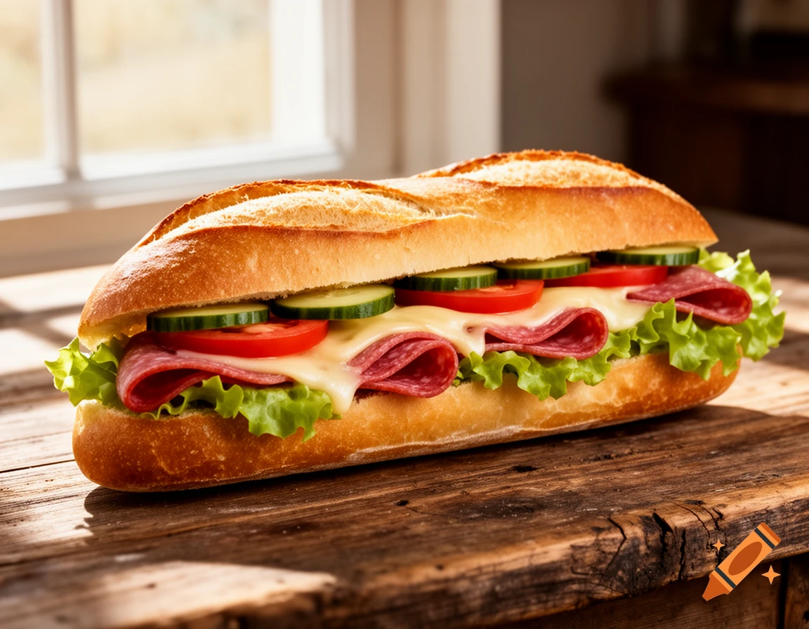 A photorealistic sub sandwich filled with salami, melted cheese, lettuce, tomatoes, and cucumbers on a rustic wooden table.