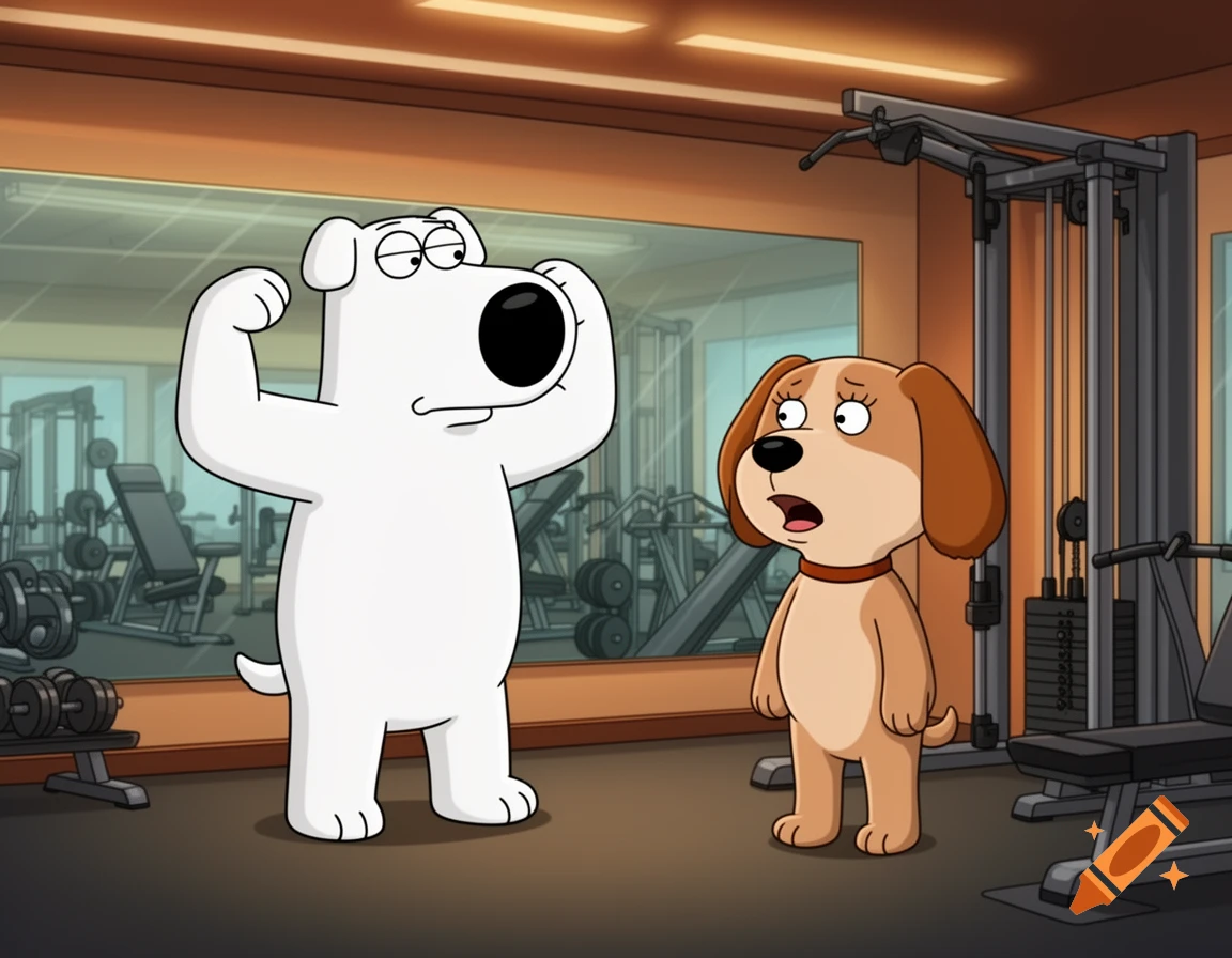 Brian the Family Guy dog flexes his biceps for a surprised female dog in a gym, in Family Guy animation style.