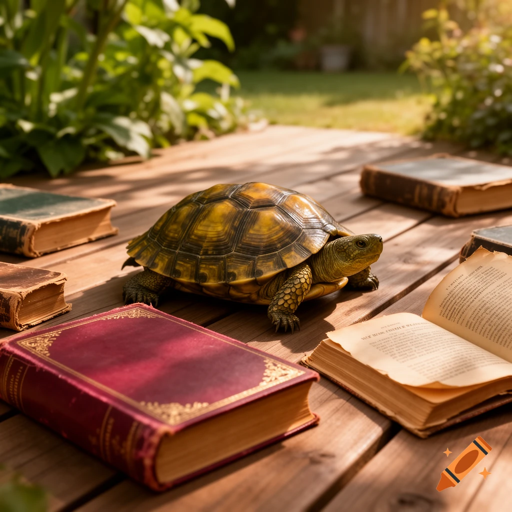 A photorealistic image of a yellow and black turtle on a wooden deck, surrounded by several old books, with a green garden backdrop.