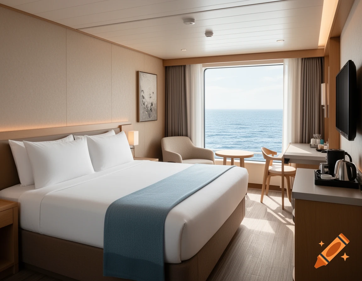 A modern cruise ship cabin with a large window facing the ocean, a neatly made bed, a desk, and a small sitting area.