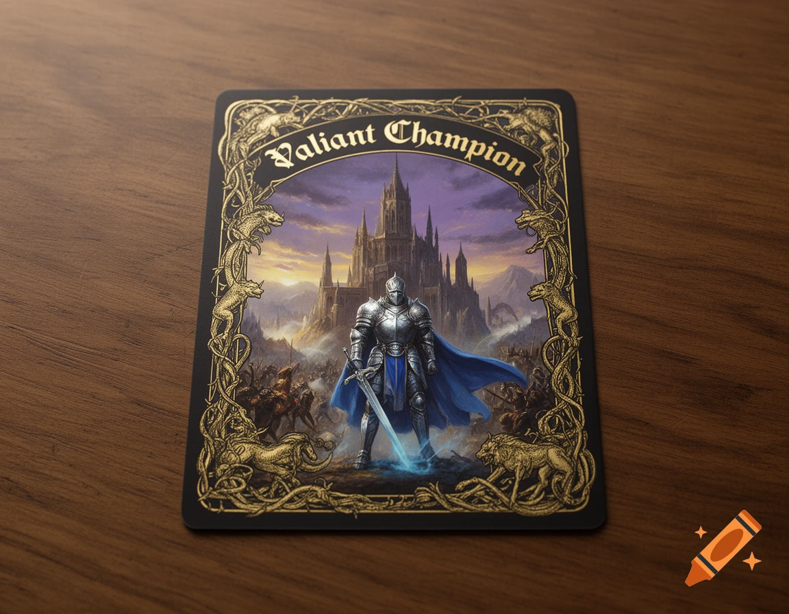 Fantasy trading card featuring a knight in shining armor with a glowing sword, set against a gothic castle and battle scene.