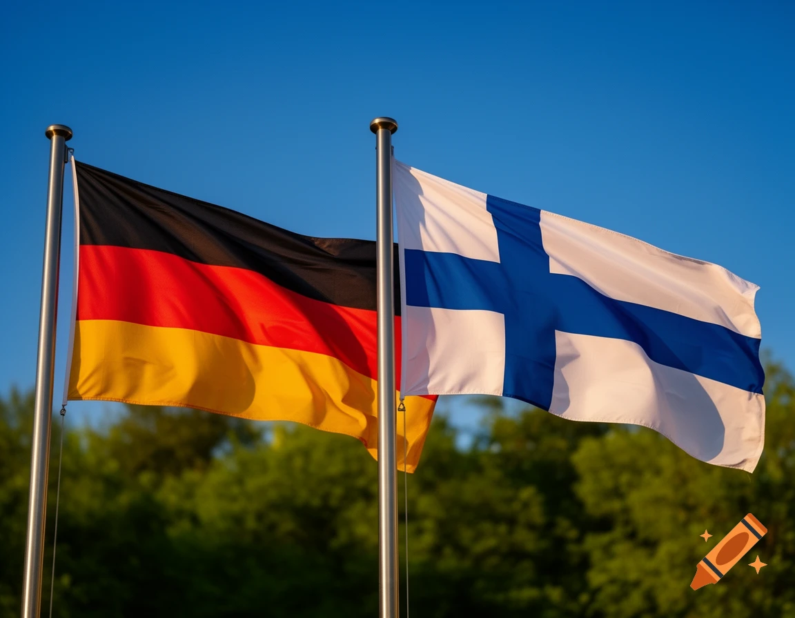 German and Finnish flags waving on poles against a blue sky and green trees.
