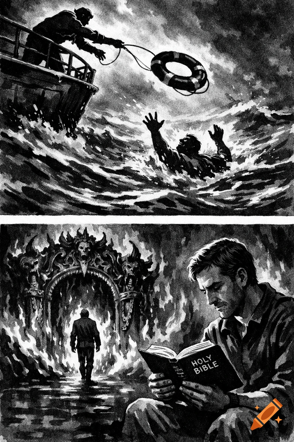 Black and white comic. Top: man throws life preserver to drowning man. Bottom: man enters flaming gates of hell, another reads Bible.