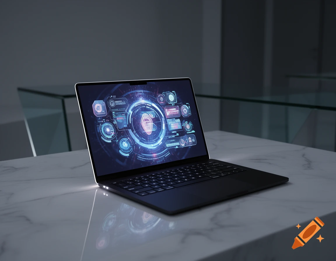 A dark laptop displaying a bright, futuristic holographic interface with glowing blue and pink elements on a marble table.