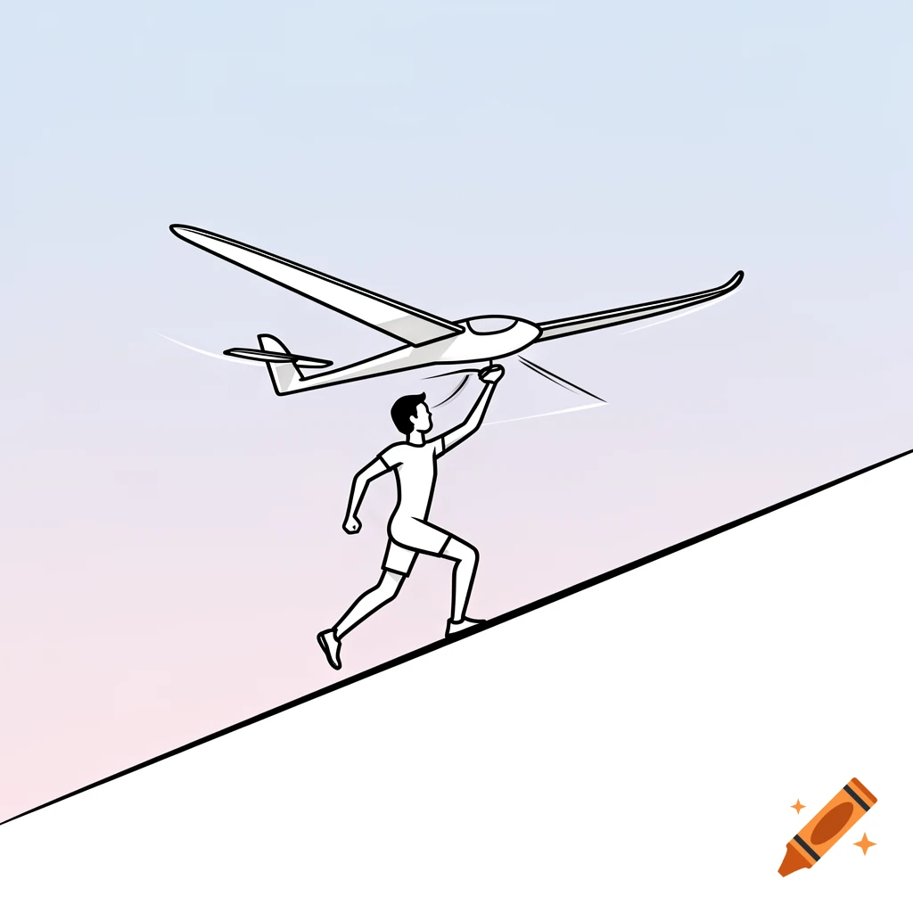 Minimalist pictogram of a person running up a slope, launching a glider into the sky.