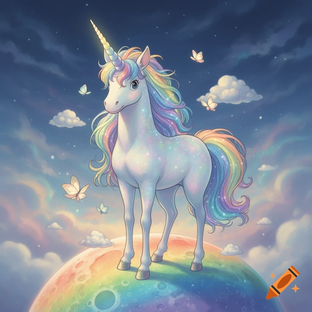 Sparkling unicorn with rainbow mane and tail on a rainbow moon, surrounded by butterflies and stars, in a magical animated style.