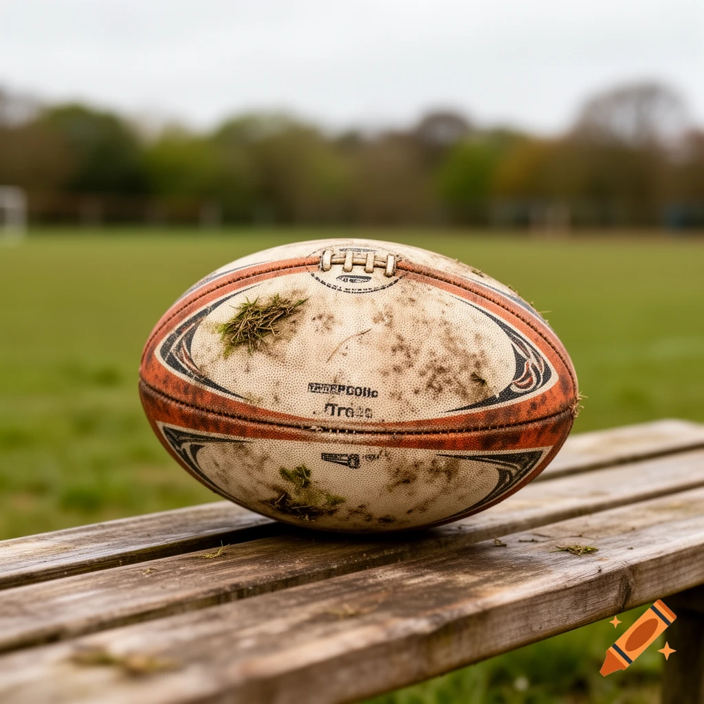 A muddy white and orange rugby ball with partially legible text rests on a weathered wooden bench on a grassy field under a cloudy sky.