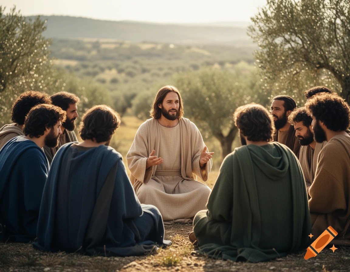 Jesus sits and speaks to a group of men dressed in robes, seated on the ground outdoors under olive trees.