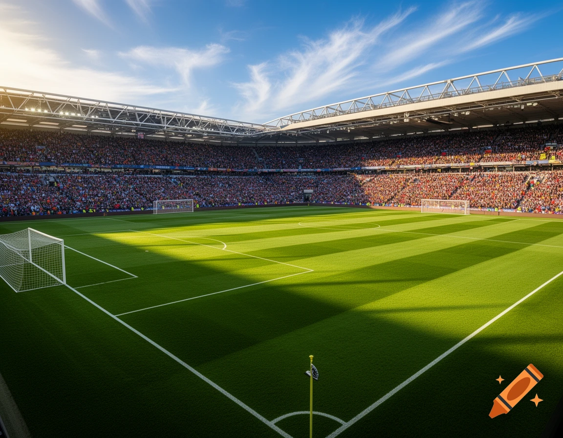 A vibrant, sunlit football stadium with a lush green pitch, goalposts, and stands packed with spectators under a blue sky.