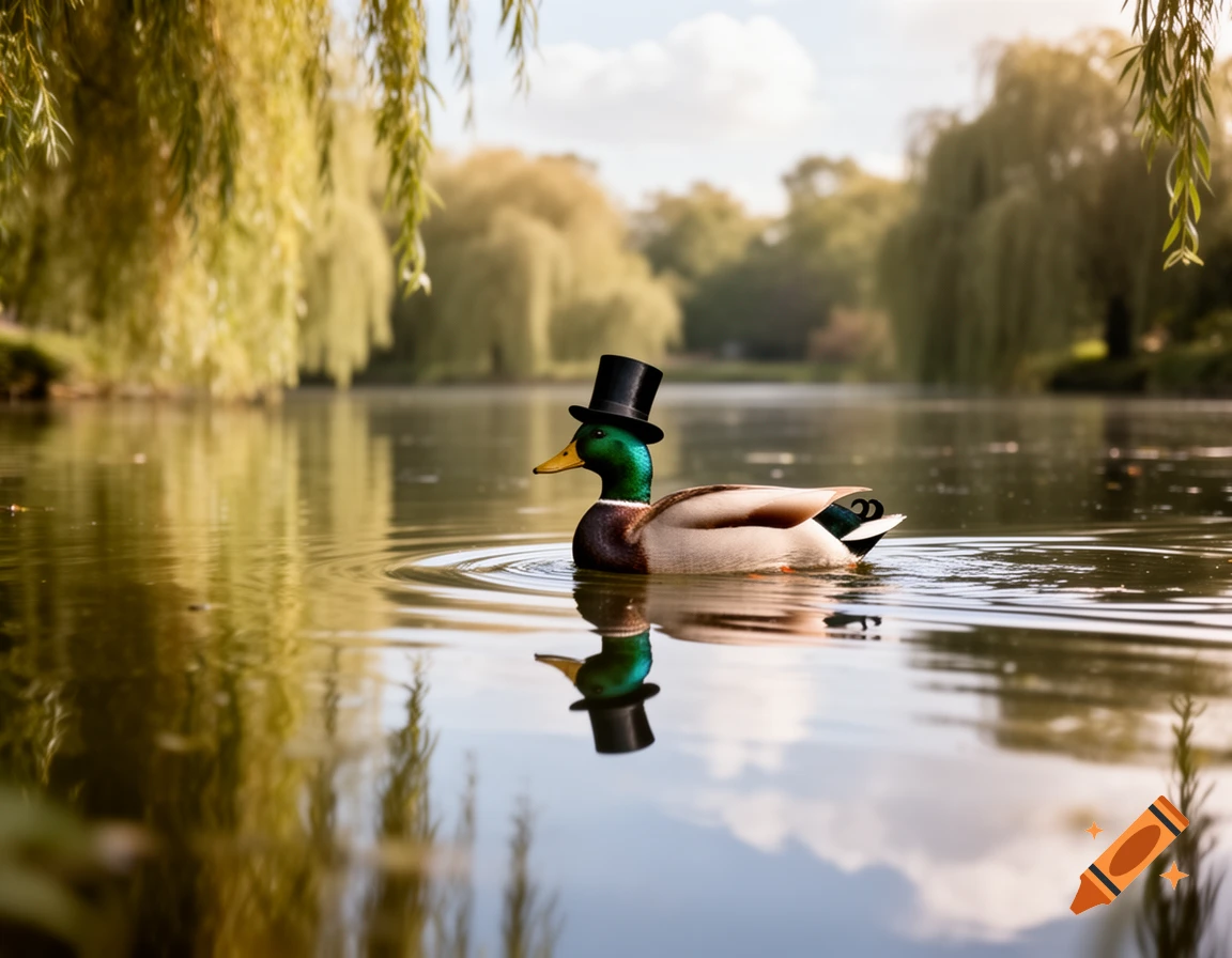 A mallard duck wearing a black top hat swims in a calm pond with willow trees reflected in the water.