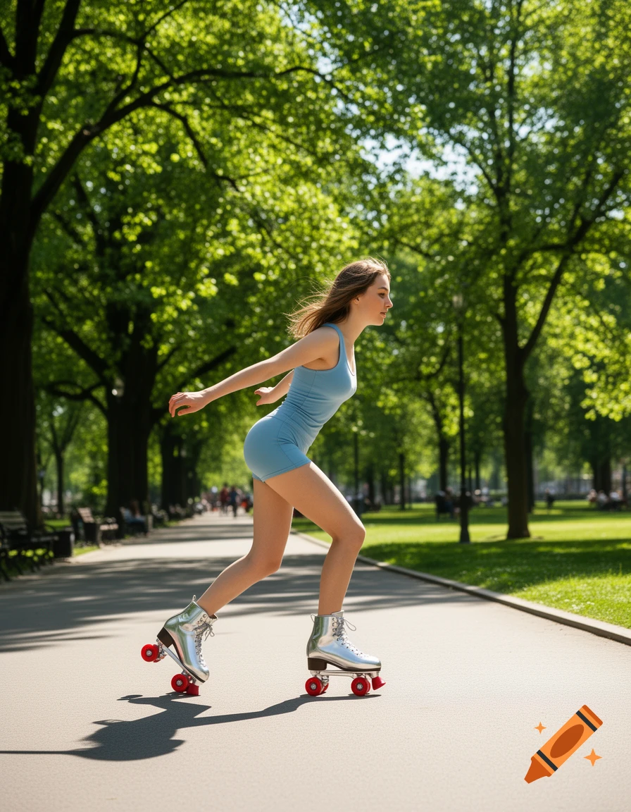 A woman in a blue outfit roller skates on a paved path in a sunny park with green trees.