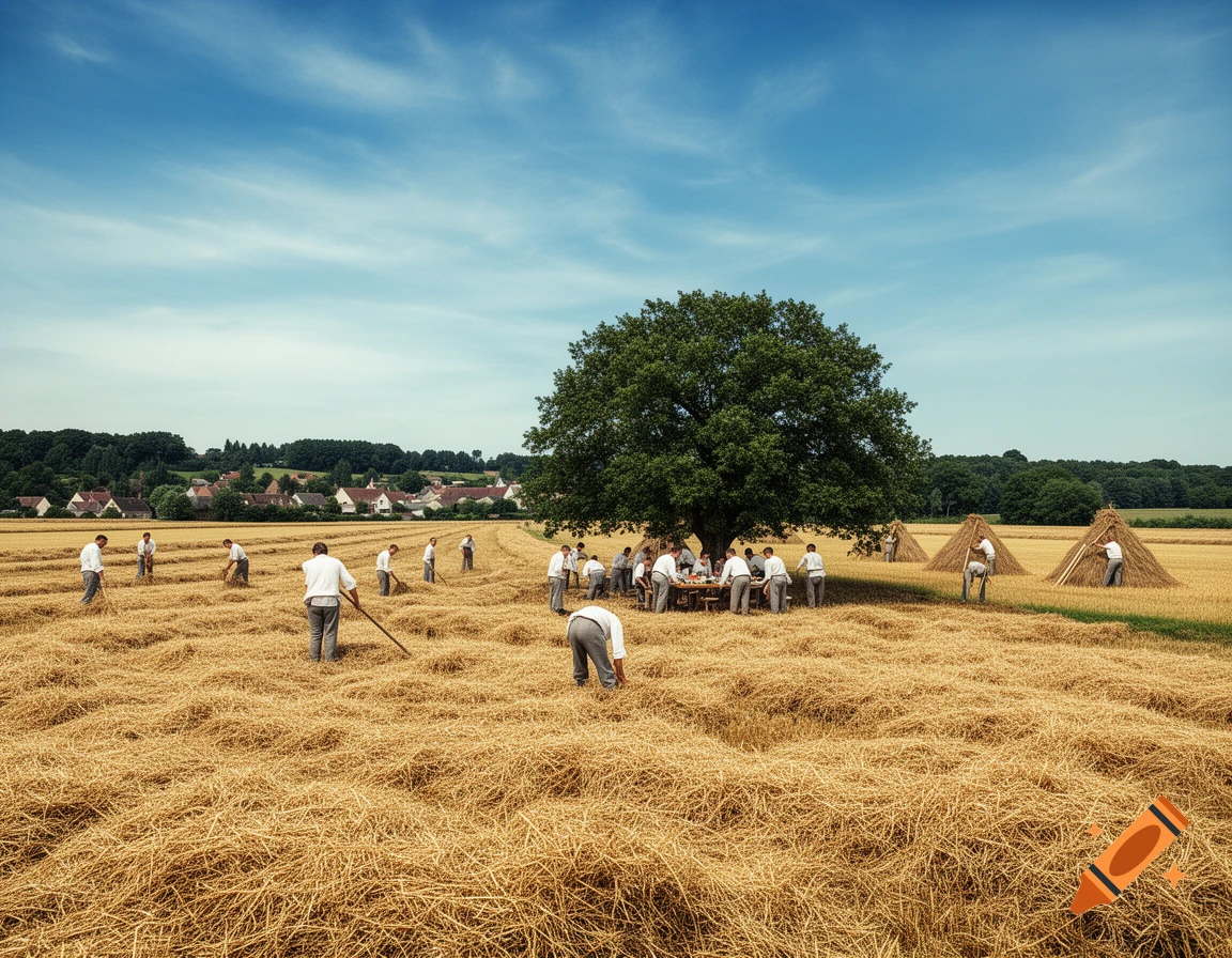 Farmers harvest a golden field under a blue sky, with some resting under a large tree, haystacks, and a distant village.