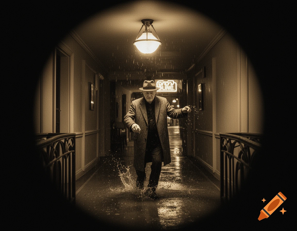 Sepia-toned image of an elderly man in a fedora and overcoat dancing joyfully in a rainy hotel hallway, seen through a peephole.