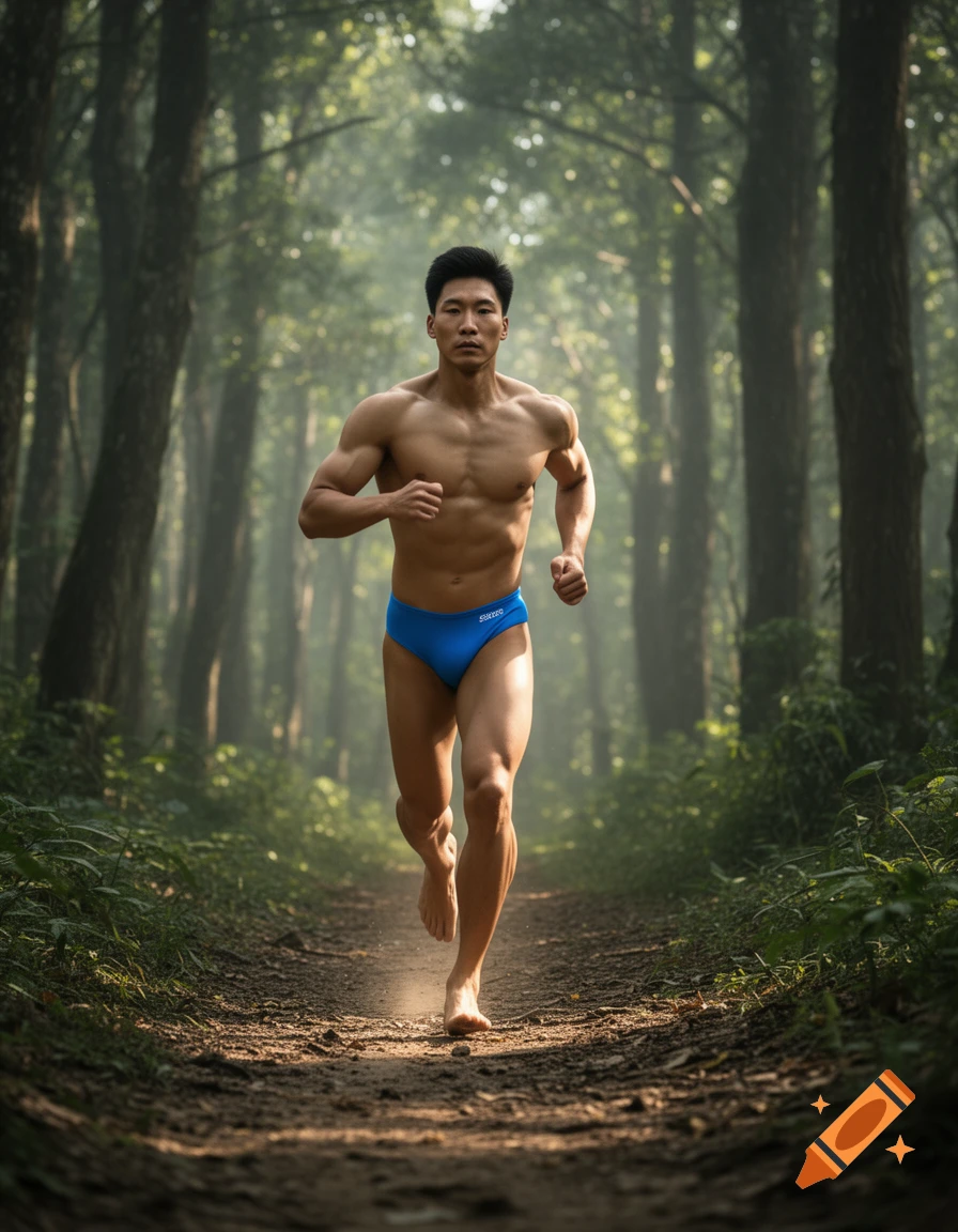A muscular Asian man runs barefoot in a blue speedo on a dirt path through a misty forest.