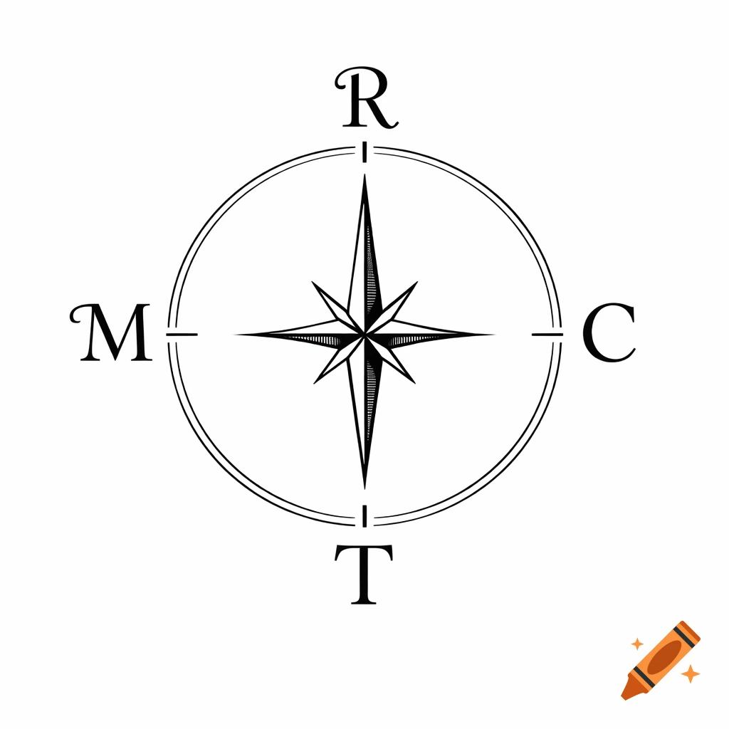 Minimalist black and white compass illustration with R, T, C, M at the cardinal points.