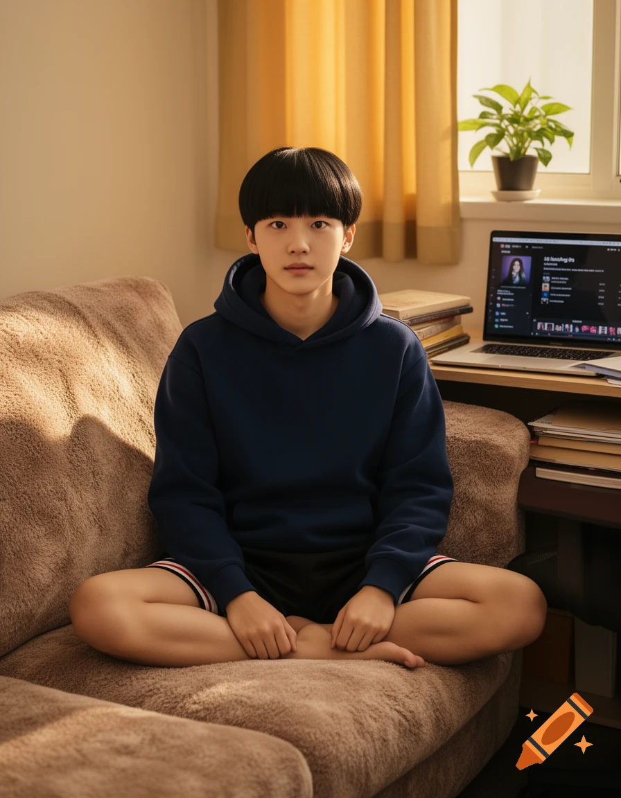 A hyperrealistic photo of a Korean young man with a bowl cut, wearing a navy hoodie and black shorts, sitting cross-legged on a sofa in a dorm room.