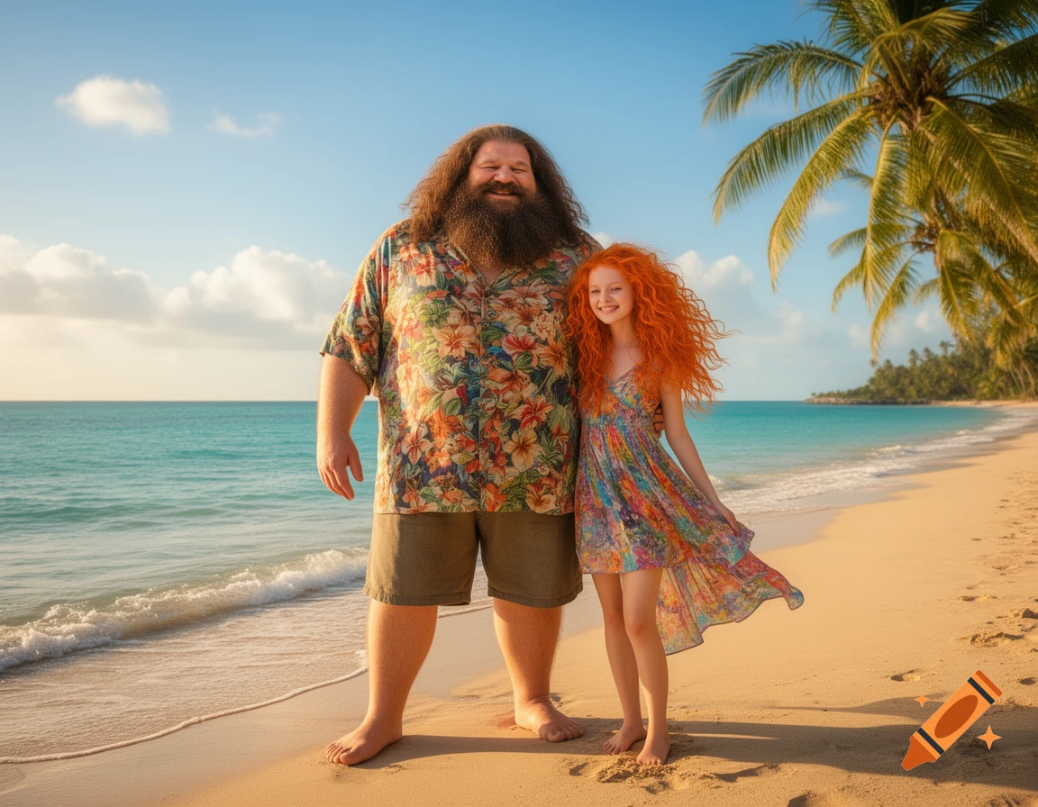 A large, bearded man and a red-haired woman stand smiling on a sunny tropical beach with palm trees and blue ocean.