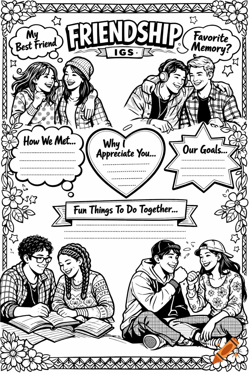 A black and white graphic novel style coloring page for a school planner with sections to fill out about friendship, featuring illustrations of diverse young people.