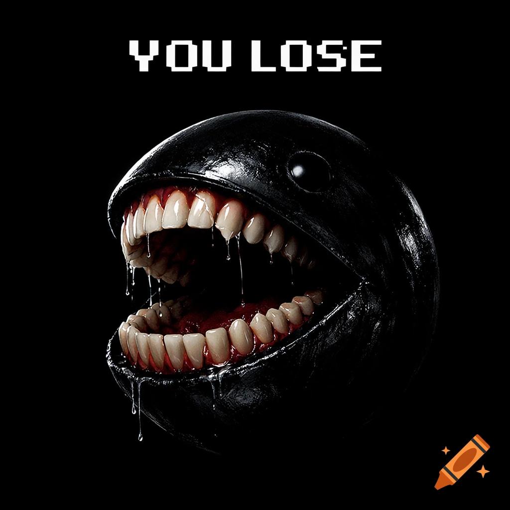 A black, Pac-Man-like creature with a large open mouth, human teeth, and drool. Above it, white pixel text reads 'YOU LOSE' against a black background.