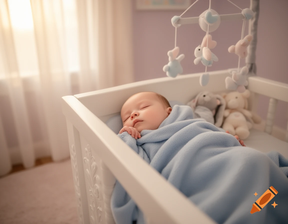 A peaceful baby sleeping soundly in a white crib under a mobile, covered by a light blue blanket in a cozy nursery.