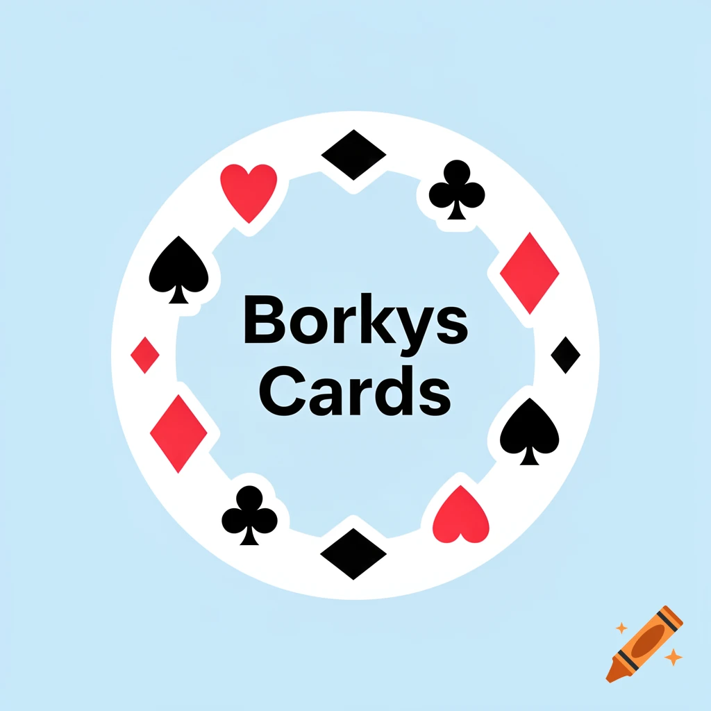 A logo featuring the words "Borkys Cards" in black, encircled by red hearts and diamonds, and black clubs and spades, on a light blue background.