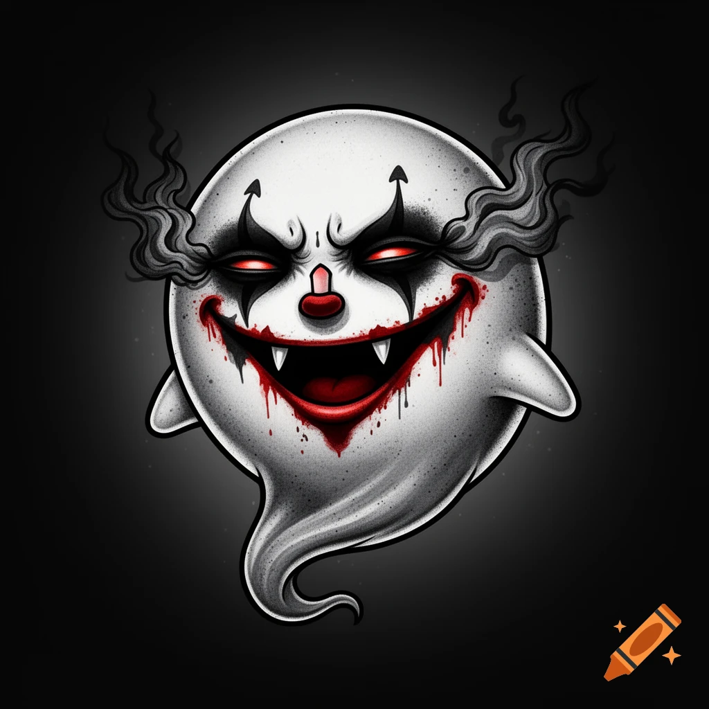 A stylized horror clown ghost with red eyes, sharp fangs, and blood dripping from its mouth, against a dark background in tattoo art style.