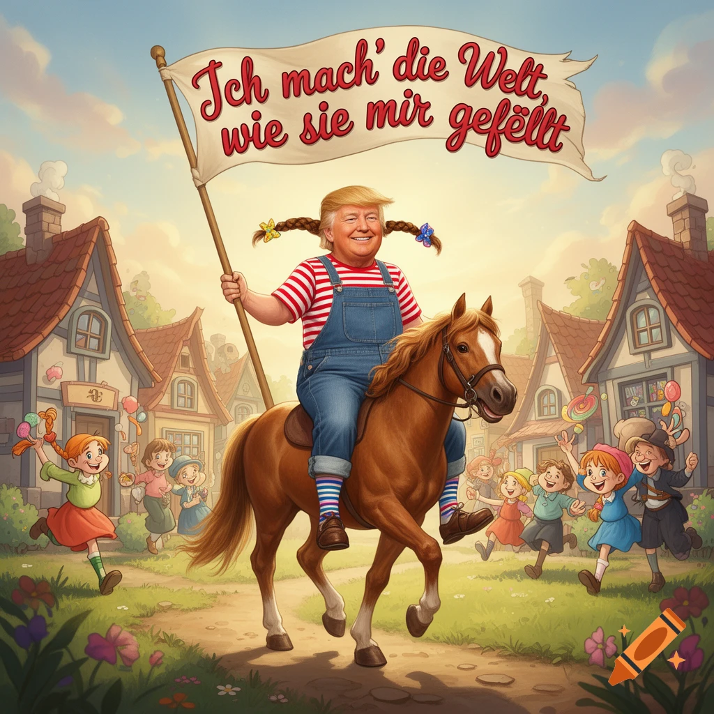 Donald Trump depicted as Pippi Longstocking, with red braided pigtails and a red striped shirt, riding a brown horse through a whimsical village while holding a flag that reads "Ich mach' die Welt, wie sie mir gefällt."