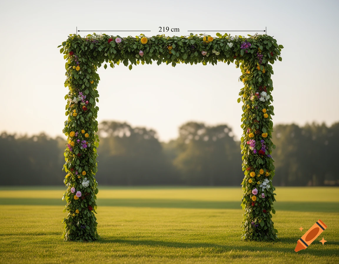 A decorative archway covered in green leaves and colorful flowers stands in a vast green field under a bright sky, with a "219 cm" measurement overlay.