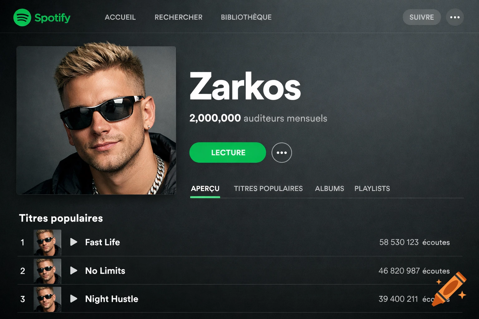 A photorealistic Spotify profile for rapper Zarkos, showing a blond man in sunglasses with a chain, 2 million monthly listeners.