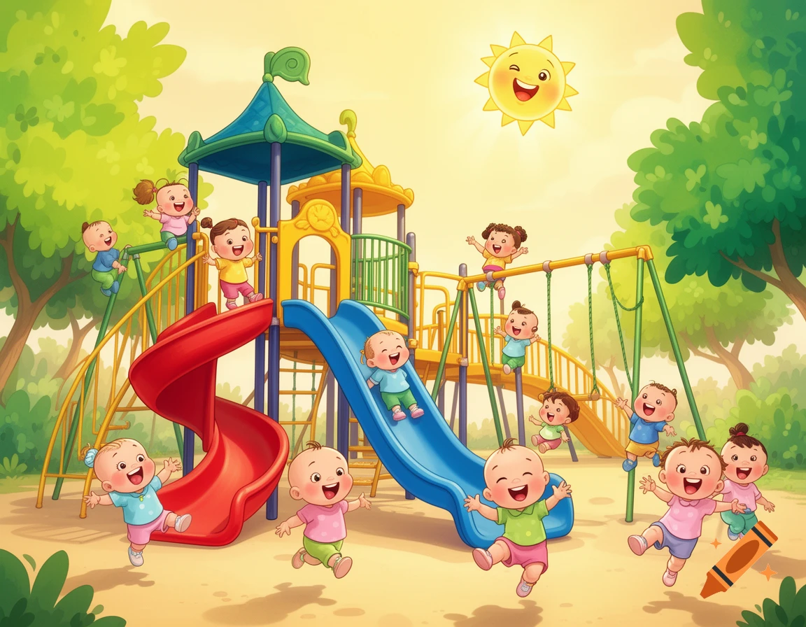 Vibrant cartoon of many happy toddlers playing on a colorful multi-level playground with slides and swings under a winking sun.