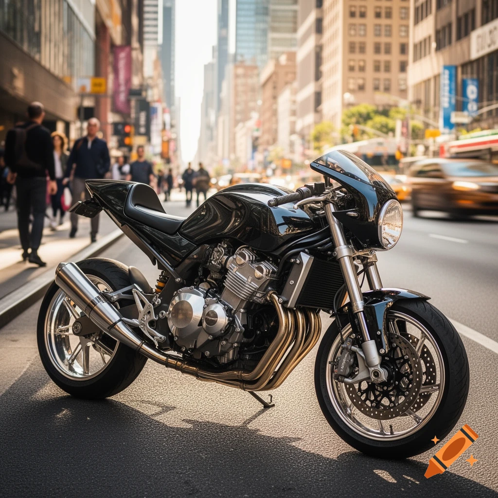 A photorealistic black motorcycle is parked on a city street with blurred tall buildings and people in the background.