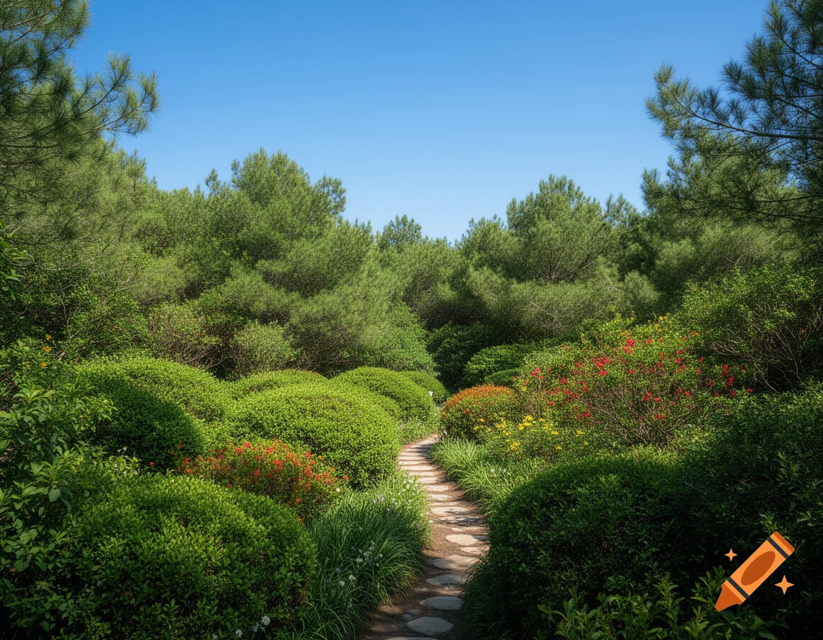 A winding stone path through a lush green garden with vibrant red and ...