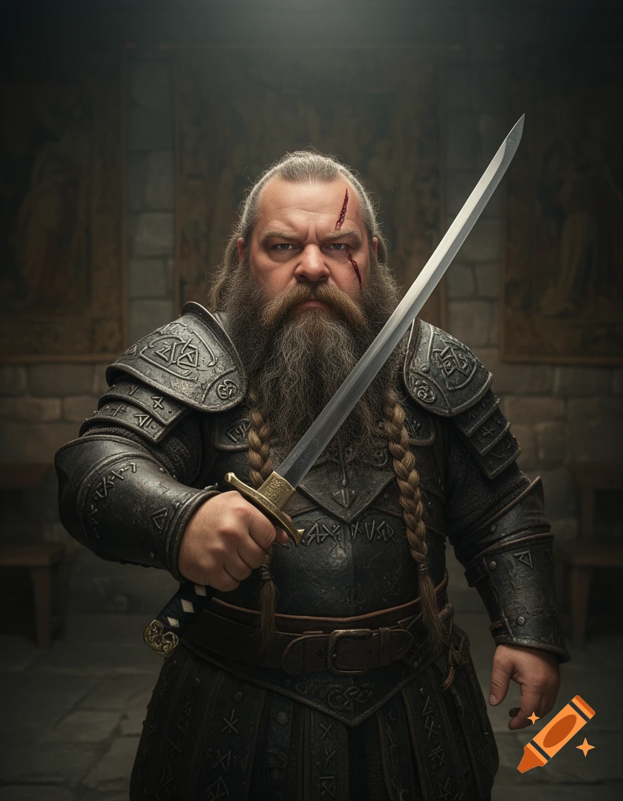 A stoic dwarf warrior with a braided beard, scarred face, and dark ...