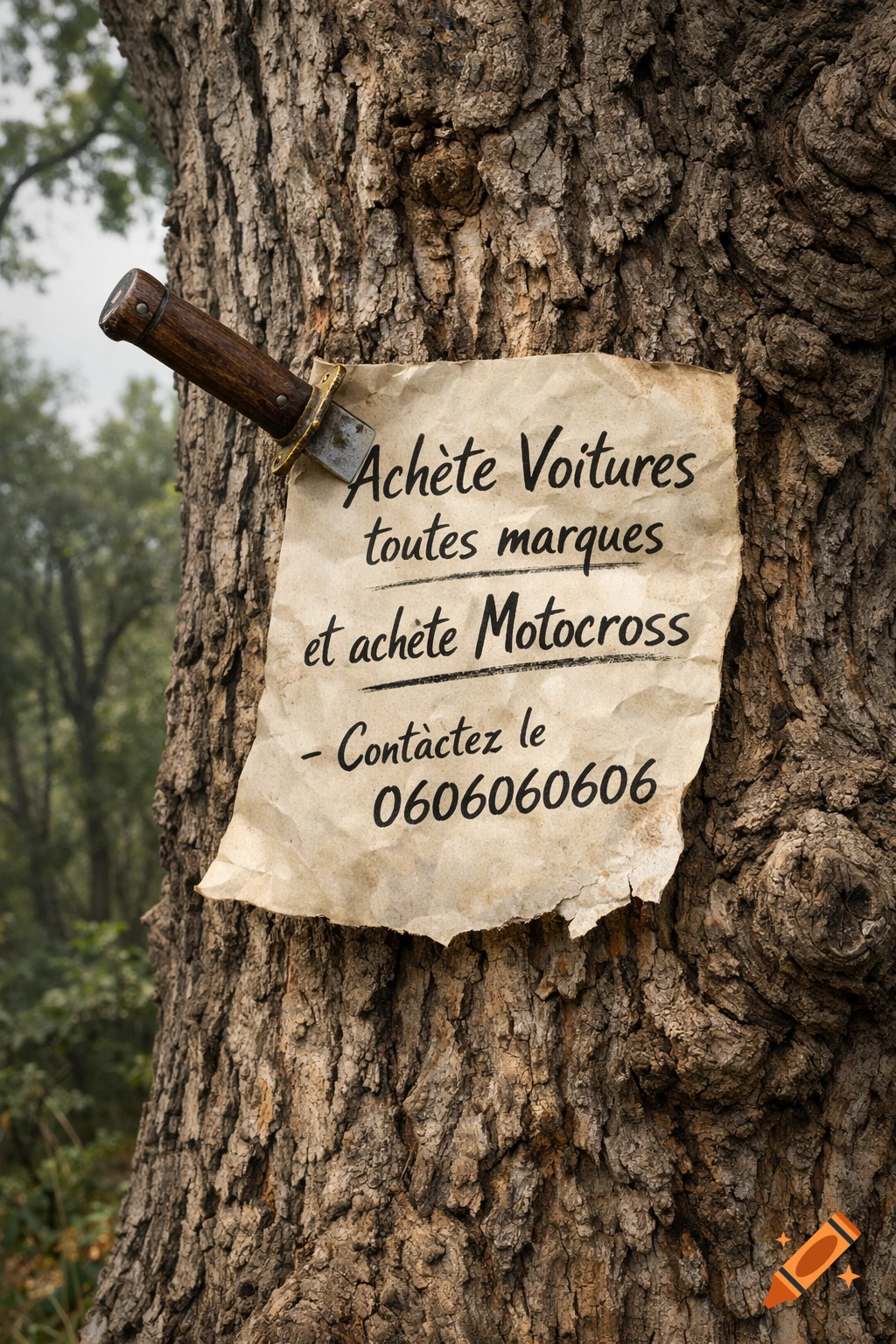 A hunting knife is stuck into a tree trunk, pinning a crumpled paper note with French text: 'Achète Voitures toutes marques et achète Motocross - Contactez le 0606060606'.