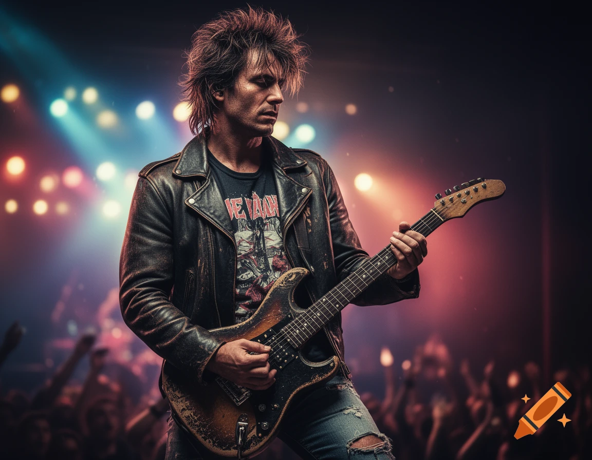 A rock musician with messy hair, a leather jacket, and ripped jeans plays an electric guitar on a brightly lit stage in front of a crowd.