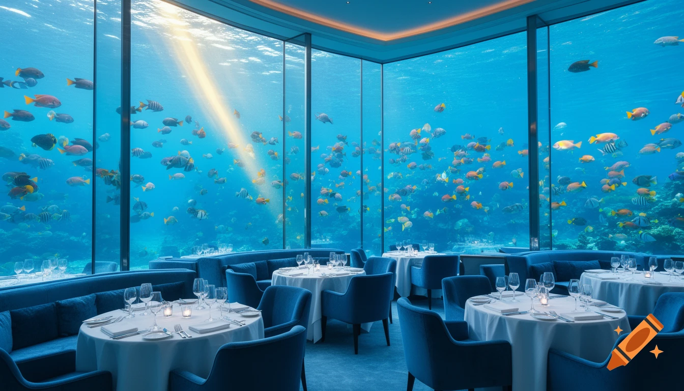 Luxurious underwater restaurant with glass walls looking into an ocean filled with colorful fish, sunlight beaming through the water.