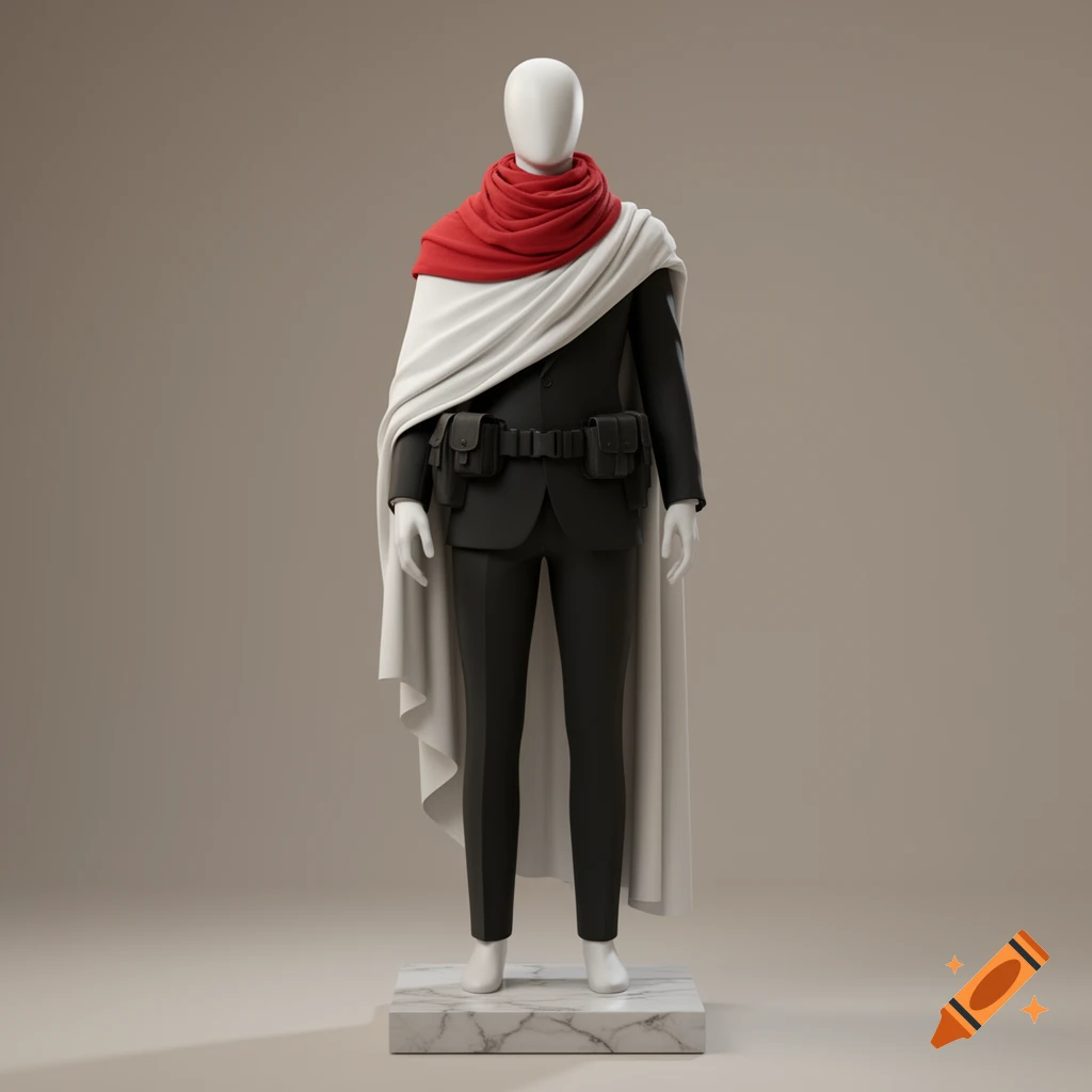 A 3D render of a mannequin in a black suit, utility belt, white toga, and red shawl, standing on a marble base.