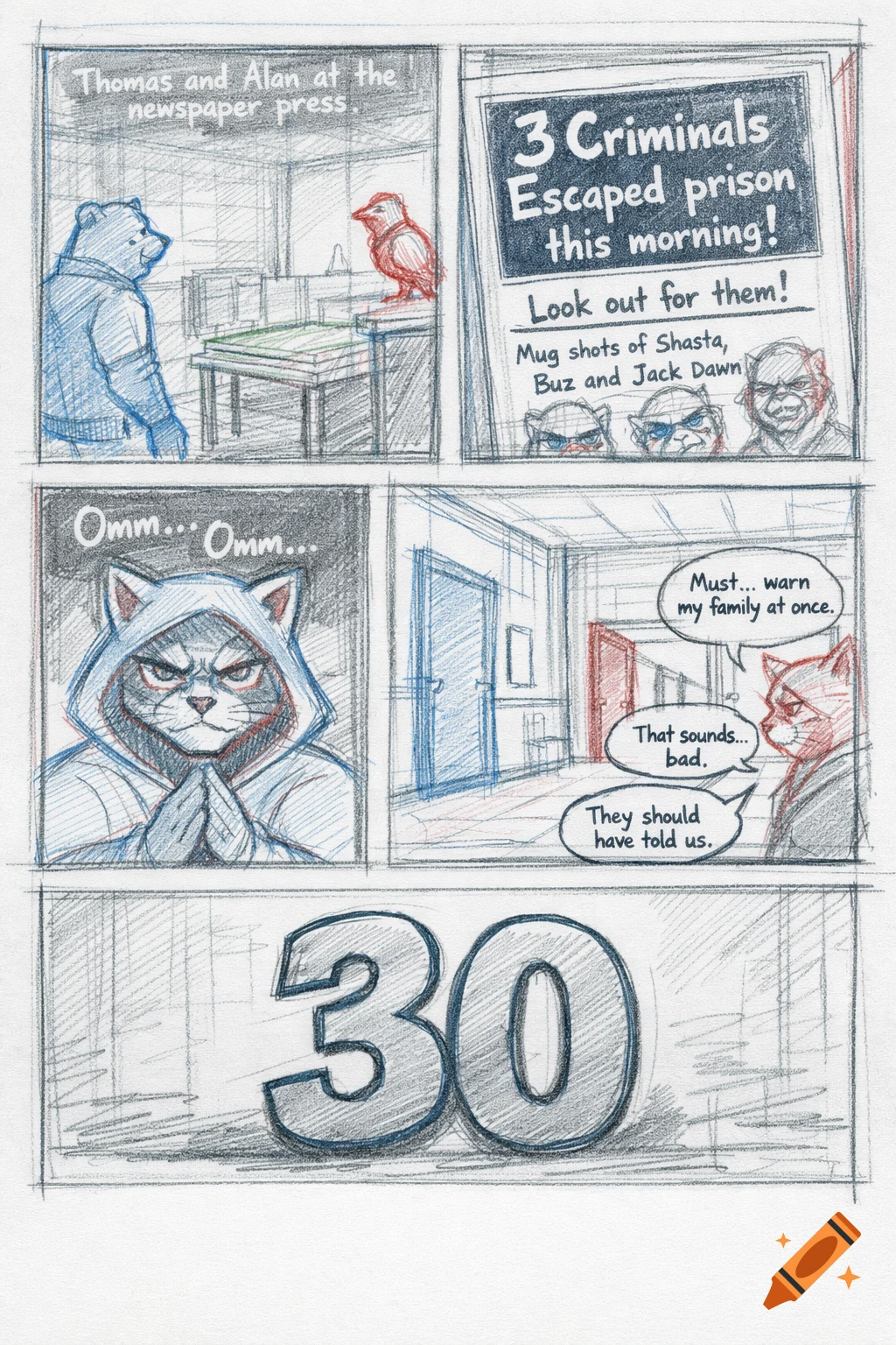 A comic book page with seven sketch-style panels featuring anthropomorphic animals. It depicts a newspaper press, a headline about escaped criminals, a meditating cat-like character, and a conversation between two cat-like characters reacting to the news, with a large number '30' at the bottom.