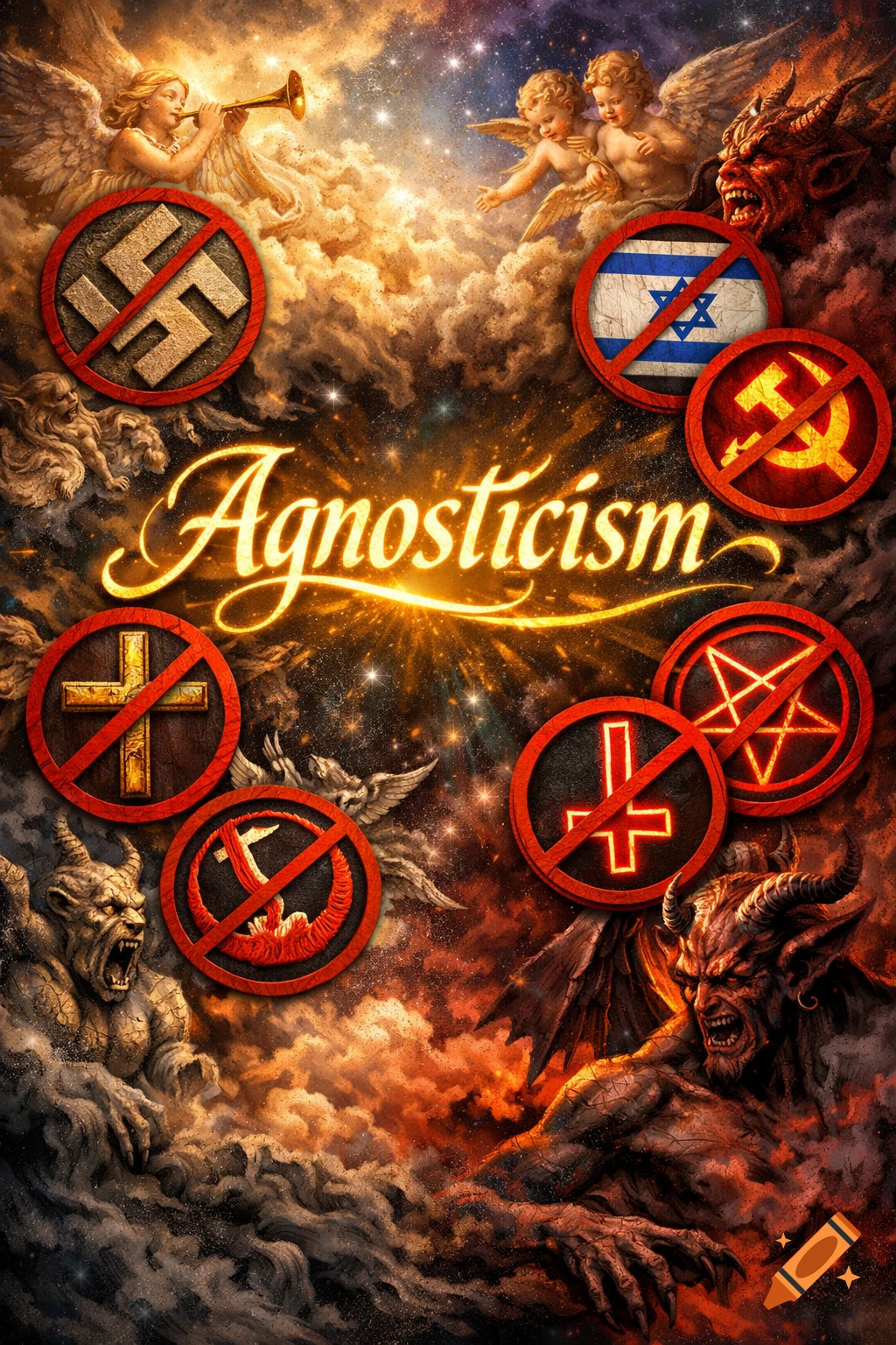 A cosmic scene with angels and demons surrounding the word 'Agnosticism' and prohibited symbols including the swastika, Israeli flag, crucifix, hammer and sickle, inverted cross, and pentagram.