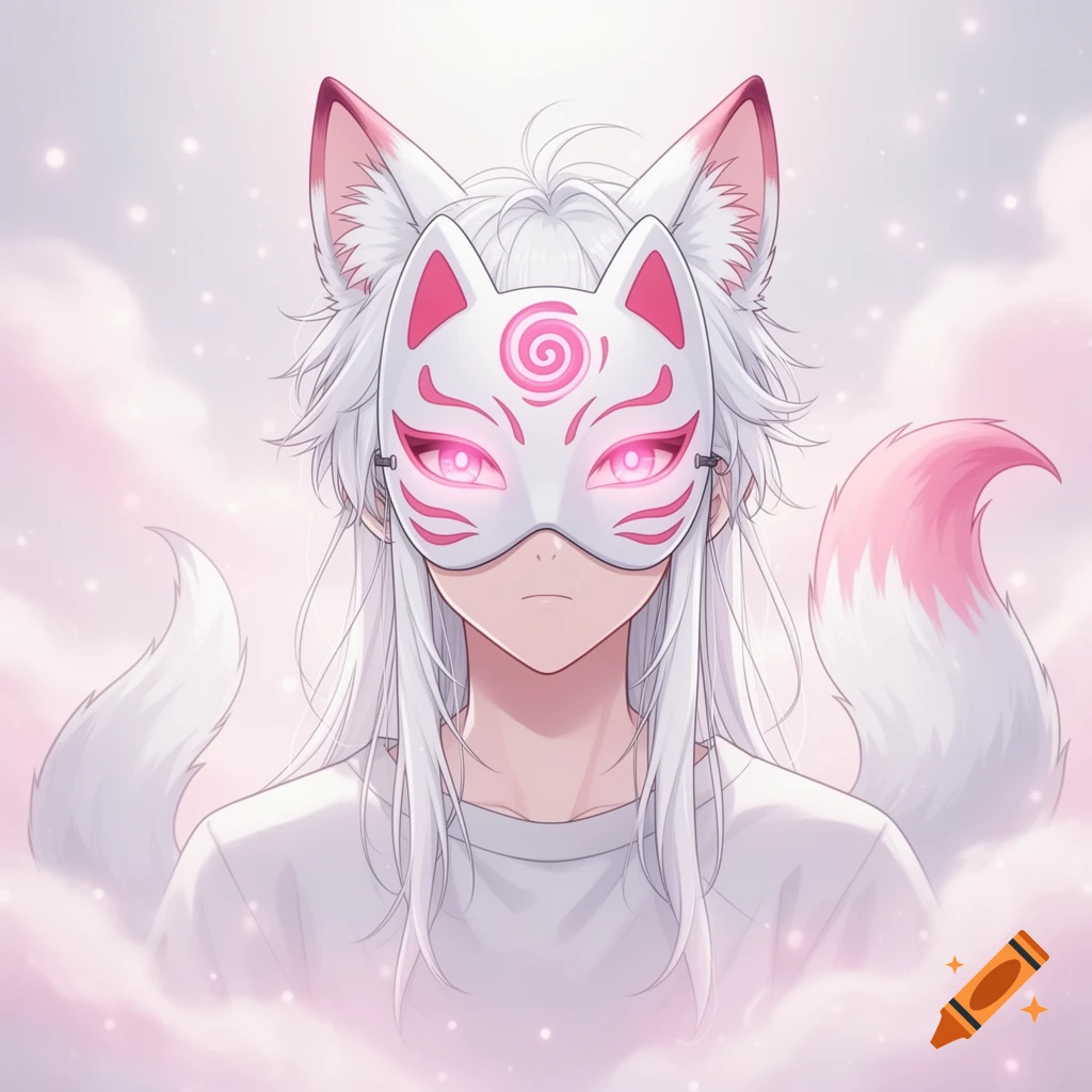 Anime character with white hair, fox ears, and tail, wearing a white kitsune mask with pink glowing eyes, on a soft pink, starry background.
