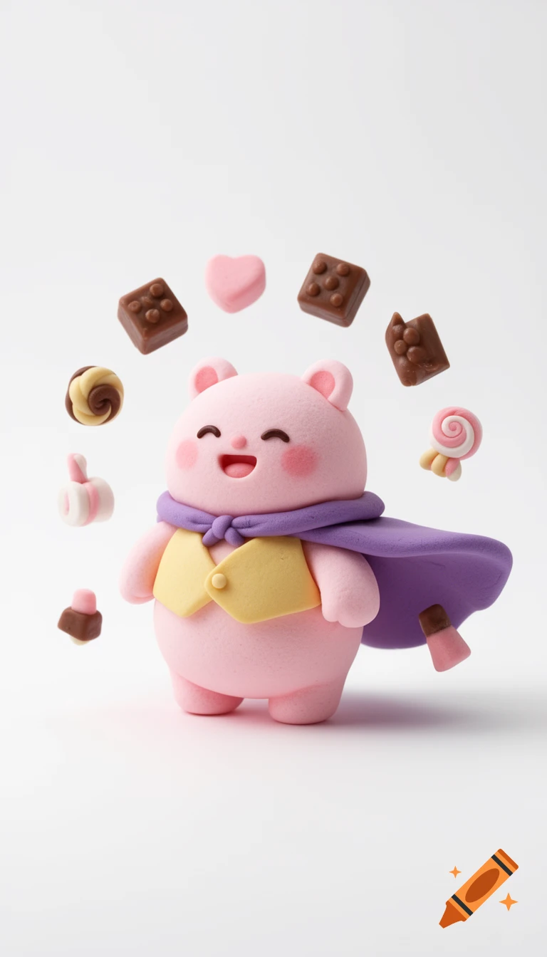 A cute pink creature in a yellow vest and purple cape smiles happily, surrounded by floating candies and chocolates in a 3D render.