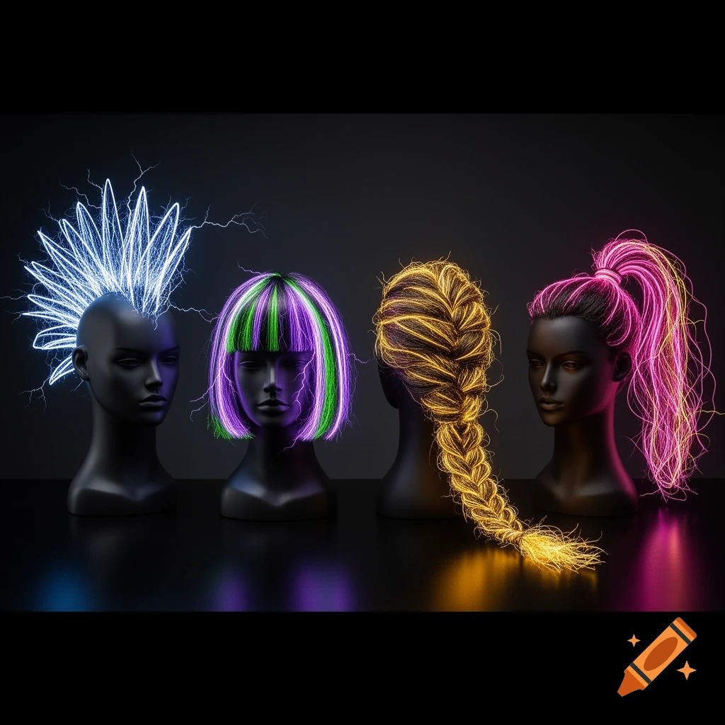Four black mannequin heads with glowing electric hairstyles: a white punk mohawk, a purple and green bob, a golden braid, and a pink high ponytail.
