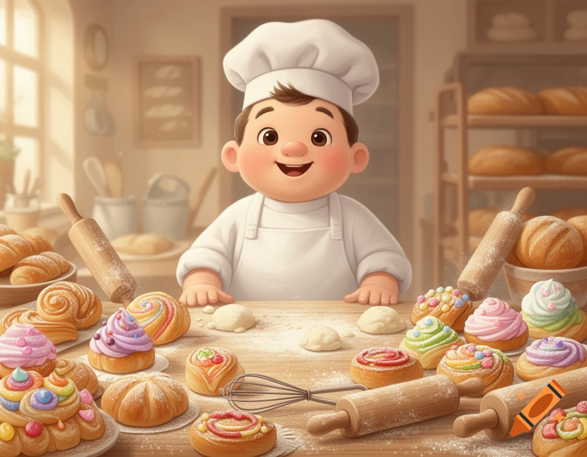 A smiling cartoon child baker in a chef hat stands at a flour-dusted table with colorful pastries and rolling pins.
