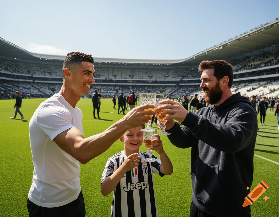 Cristiano Ronaldo, Lionel Messi, and a child on a football field, smiling and toasting with glasses.