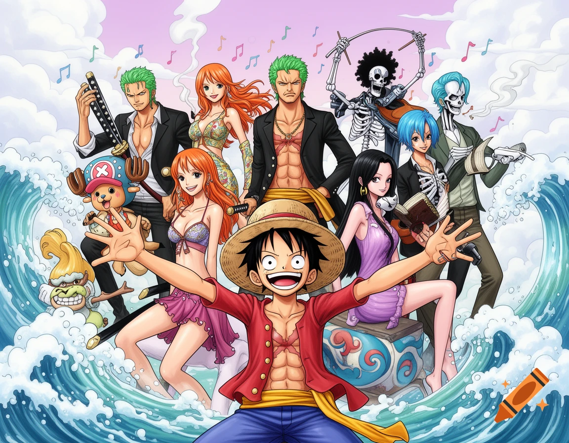 Luffy and the Straw Hat Pirates from One Piece in a vibrant anime illustration, surrounded by ocean waves and musical notes.