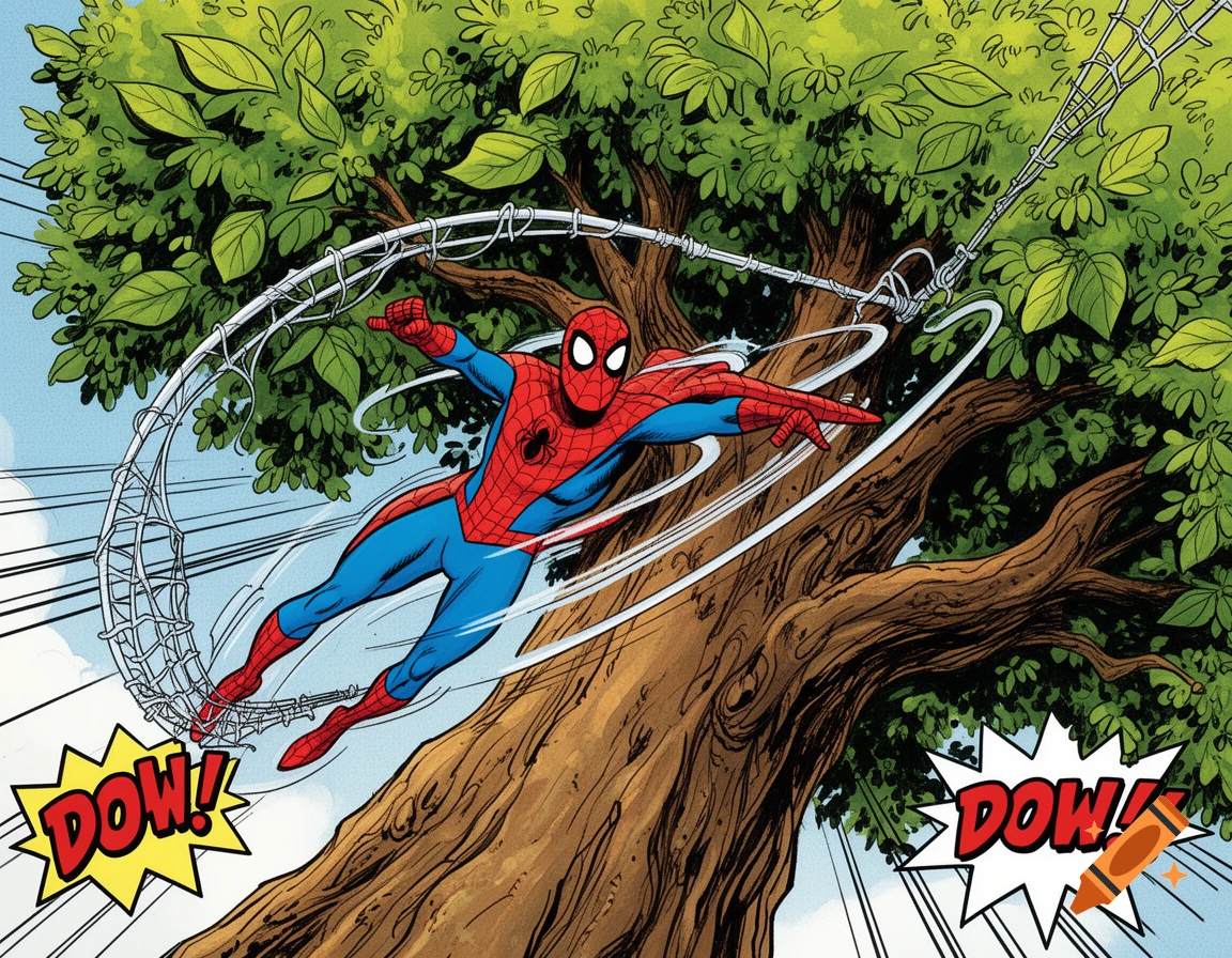 Spider-Man swings from a tree on a web, depicted in a bright comic book art style with sound effects.