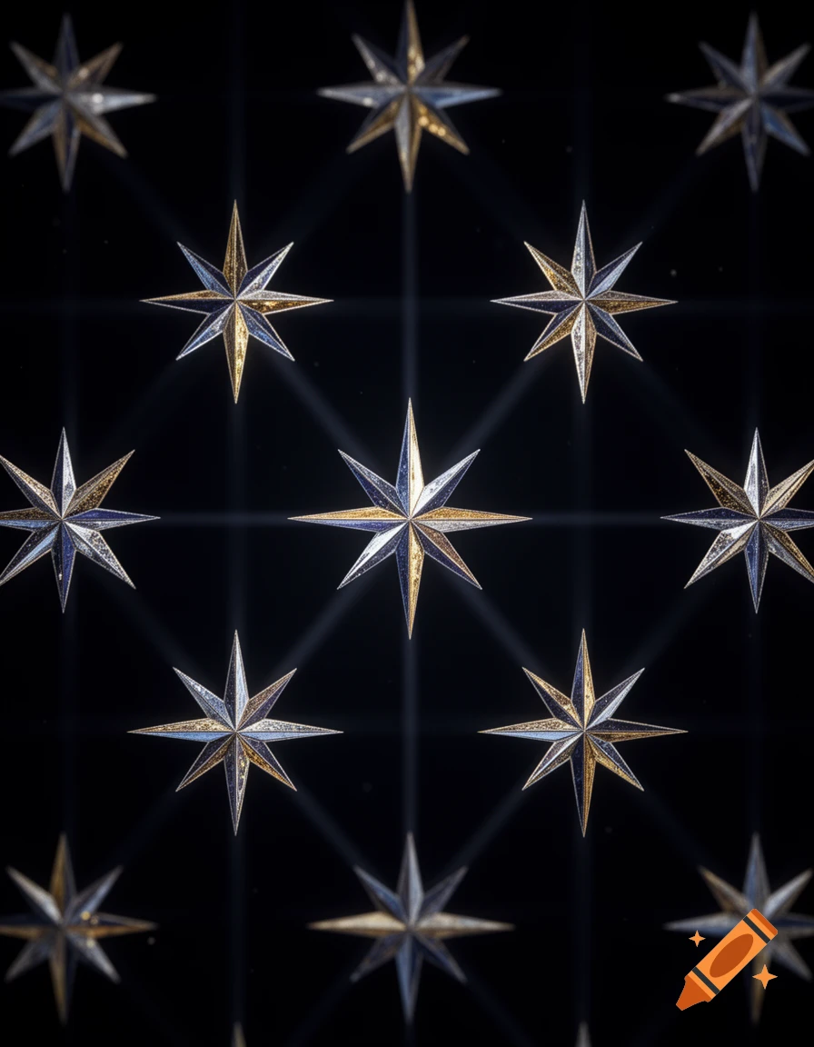 A grid of metallic gold and silver seven-point stars on a dark background with subtle light streaks.
