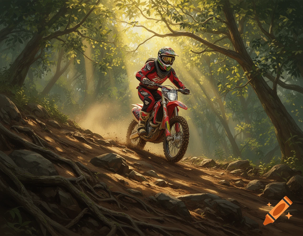 An enduro rider in full gear rides a red dirt bike up a sun-dappled, rocky, rooted forest trail.